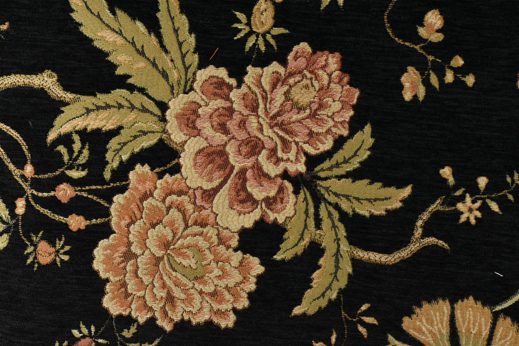 Heavy Weight Mid Century Modern Black Pink Green Bird Floral Chenille Upholstery Fabric For Chair|Botanical Animal Flower Furniture Fabric