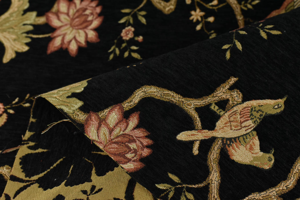 Heavy Weight Mid Century Modern Black Pink Green Bird Floral Chenille Upholstery Fabric For Chair|Botanical Animal Flower Furniture Fabric