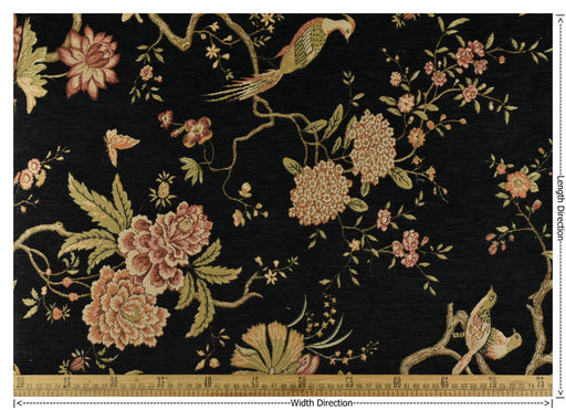 Heavy Weight Mid Century Modern Black Pink Green Bird Floral Chenille Upholstery Fabric For Chair|Botanical Animal Flower Furniture Fabric