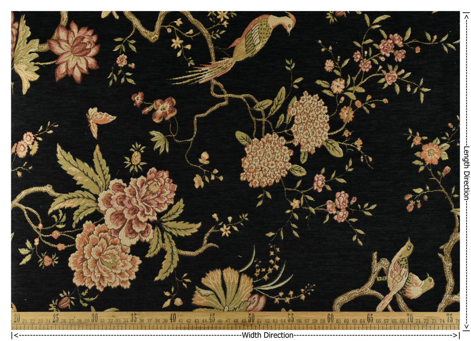 Heavy Weight Mid Century Modern Black Pink Green Bird Floral Chenille Upholstery Fabric For Chair|Botanical Animal Flower Furniture Fabric