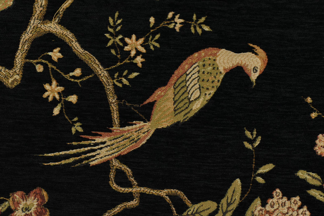 Heavy Weight Mid Century Modern Black Pink Green Bird Floral Chenille Upholstery Fabric For Chair|Botanical Animal Flower Furniture Fabric