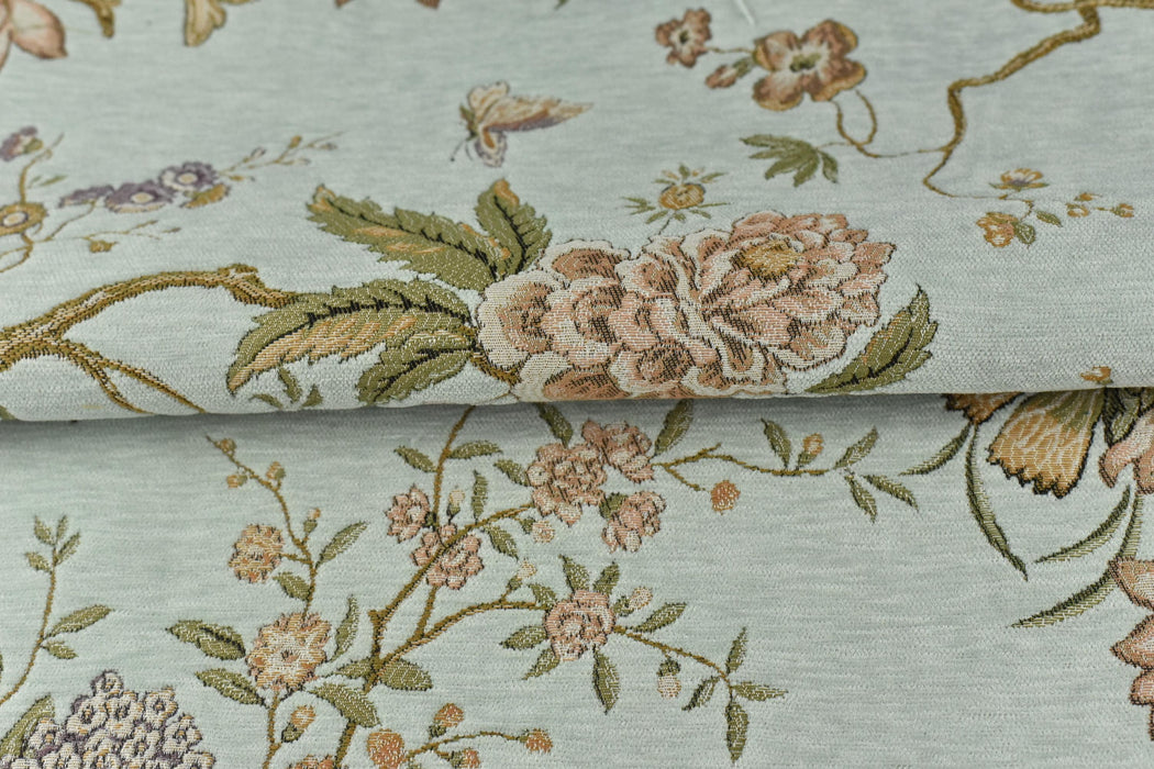 Heavy Weight Mid Century Modern Pale Blue Pink Green Bird Floral Chenille Upholstery Fabric For Chair|Botanical Animal Flower Decor Fabric