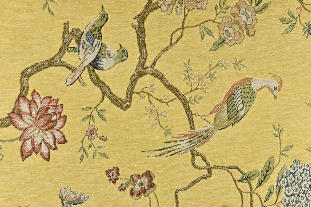 Heavy Weight Mid Century Modern Blue Green Pink Bird Floral Yellow Chenille Upholstery Fabric For Chair|Botanical Animal Flower Fabric