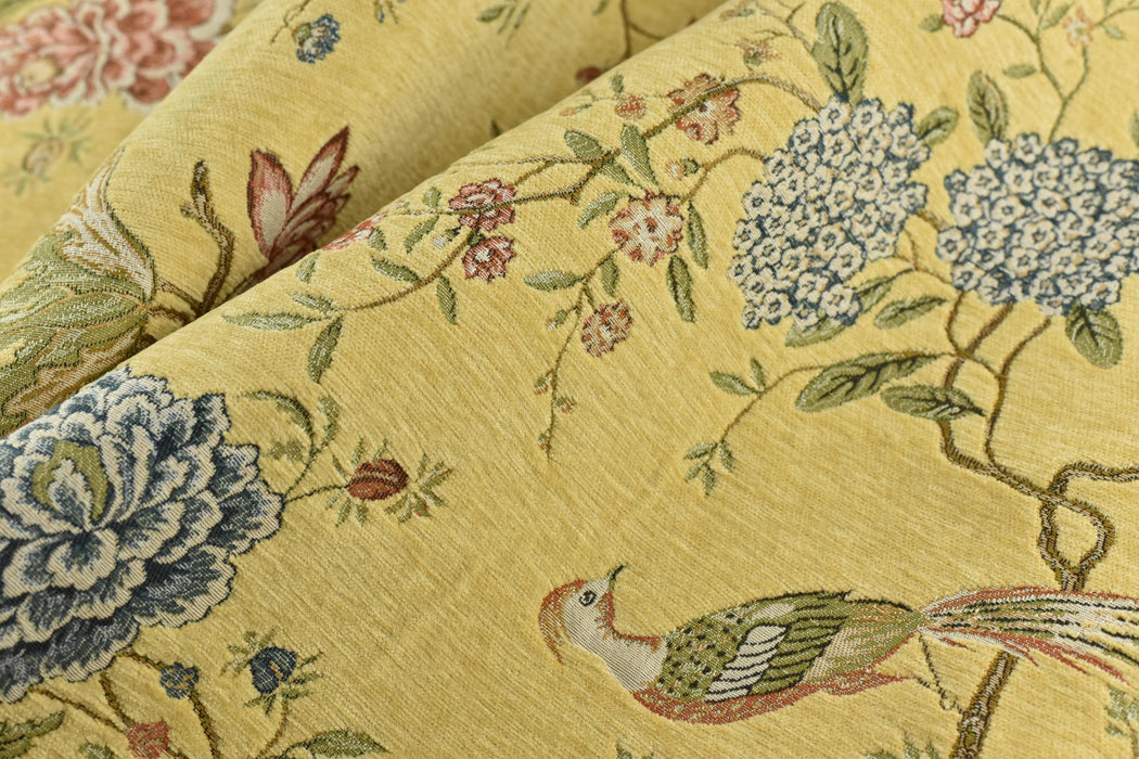 Heavy Weight Mid Century Modern Blue Green Pink Bird Floral Yellow Chenille Upholstery Fabric For Chair|Botanical Animal Flower Fabric