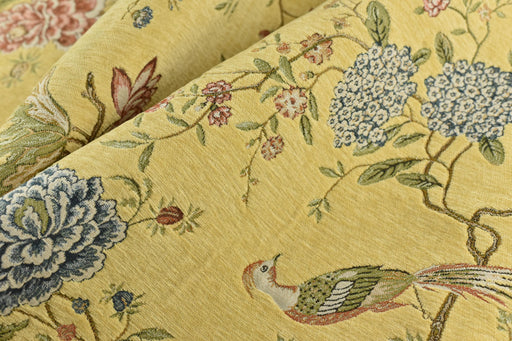 Heavy Weight Mid Century Modern Blue Green Pink Bird Floral Yellow Chenille Upholstery Fabric For Chair|Botanical Animal Flower Fabric