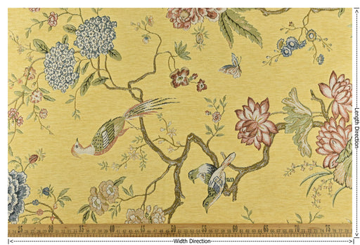 Heavy Weight Mid Century Modern Blue Green Pink Bird Floral Yellow Chenille Upholstery Fabric For Chair|Botanical Animal Flower Fabric