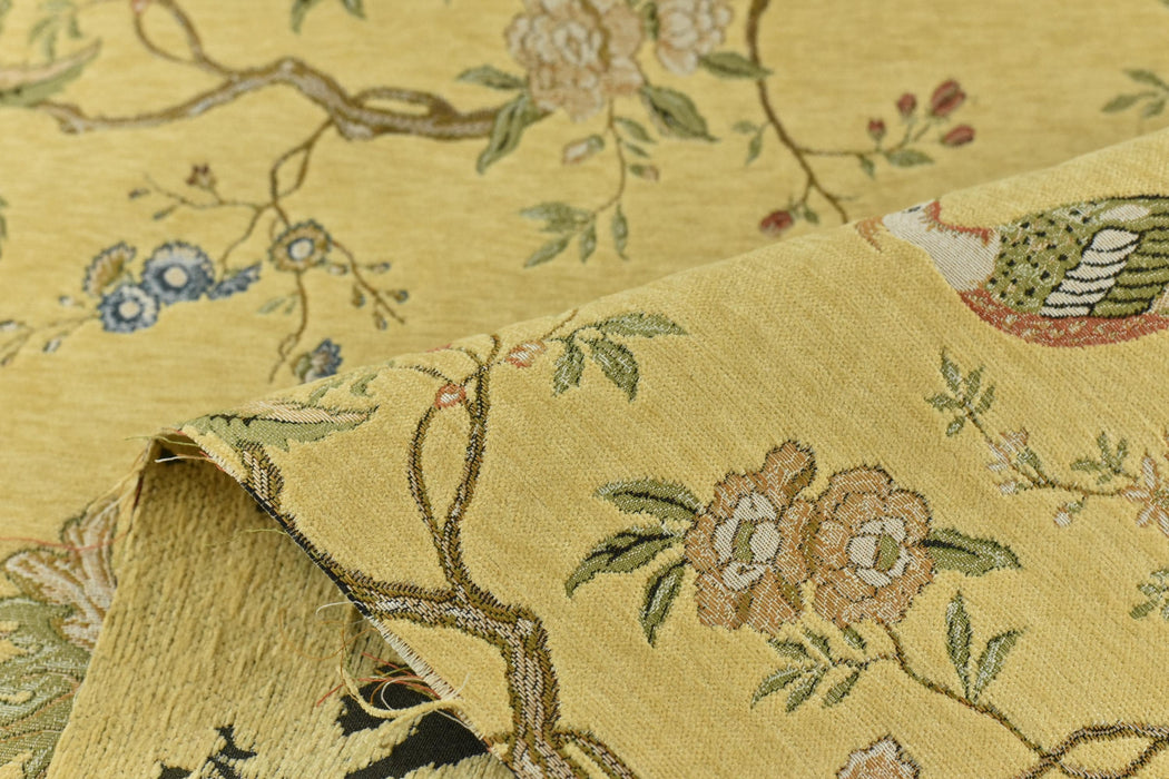 Heavy Weight Mid Century Modern Blue Green Pink Bird Floral Yellow Chenille Upholstery Fabric For Chair|Botanical Animal Flower Fabric