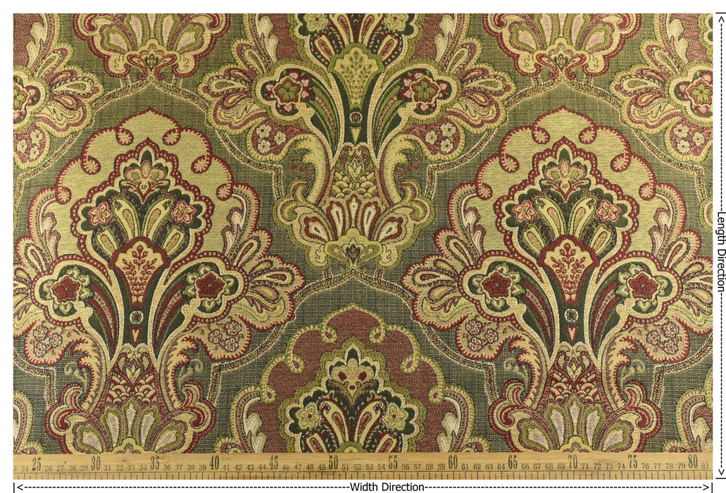 Heavy Weight French Country Upholstery Fabric|Red Gold Green Vintage Damask Floral Jacquard|Farmhouse Large Floral Fabric for Chair & Decor
