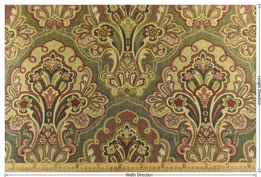 Heavy Weight French Country Upholstery Fabric|Red Gold Green Vintage Damask Floral Jacquard|Farmhouse Large Floral Fabric for Chair & Decor