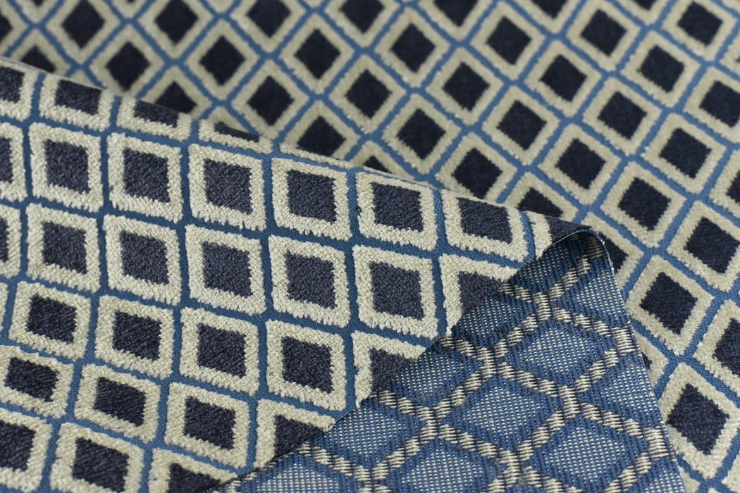 Heavy Weight Blue Raised Diamond Pattern Cut Velvet Upholsetry Fabric For Chair Couch|Luxury Geometric Jacquard Velvet Fabric For Ottoman