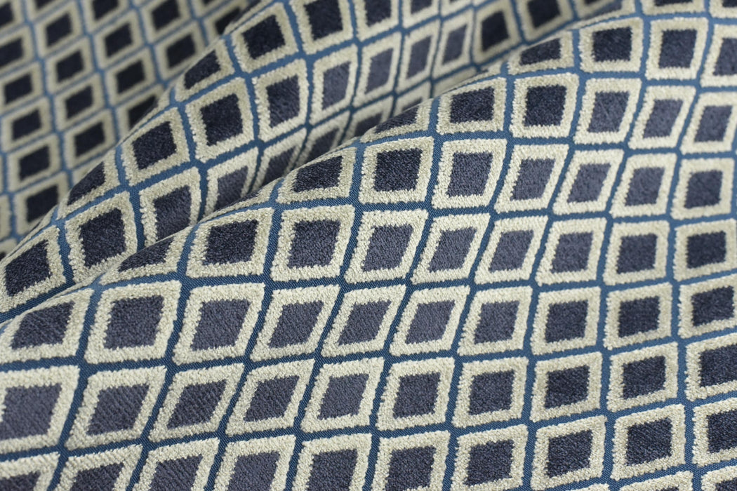 Heavy Weight Blue Raised Diamond Pattern Cut Velvet Upholsetry Fabric For Chair Couch|Luxury Geometric Jacquard Velvet Fabric For Ottoman