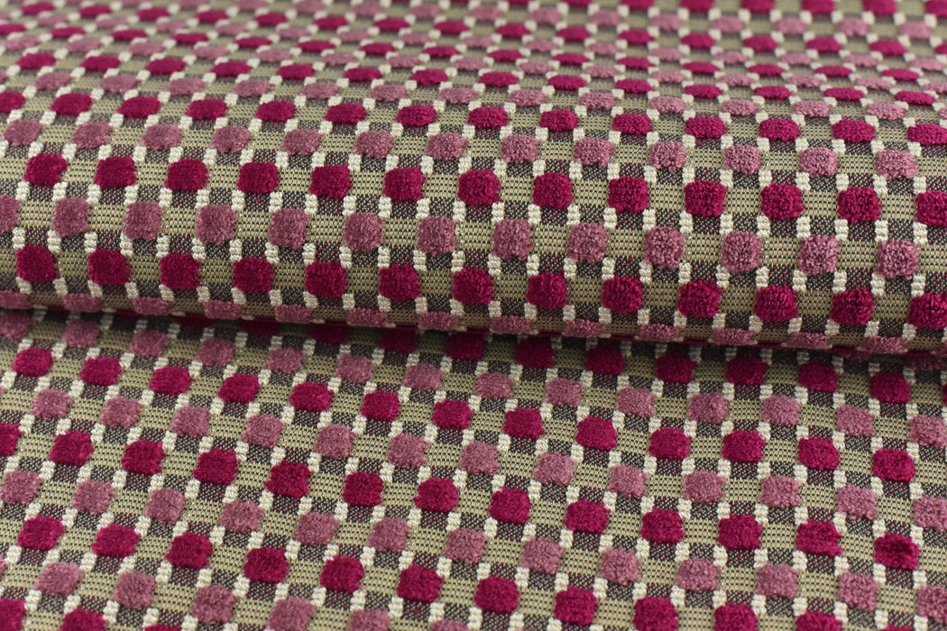 Heavy Weight Raised Square Dot Geometric Cut Velvet Upholstery Fabric For Chair|Multi-Colored Pink Checkered Velvet Fabric For Couch