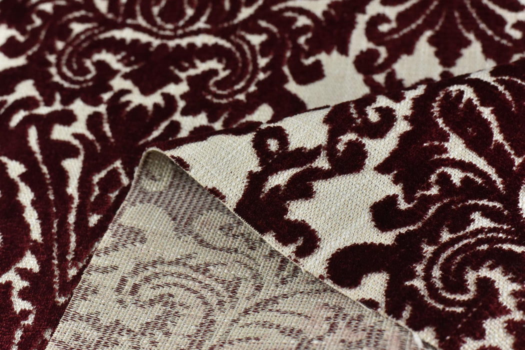 Heavy Weight Mid-Century Modern Red Damask Floral Cut Velvet Upholsetry Fabric For Chair|Vintage Floral Jacquard Fabric For Sofa Ottoman