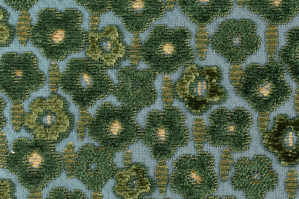 Designer Heavy Weight Blue and Green Raised Floral Cut Velvet Upholstery Fabric|Luxury Green Chartruse Furniture Fabric For Chair Couch