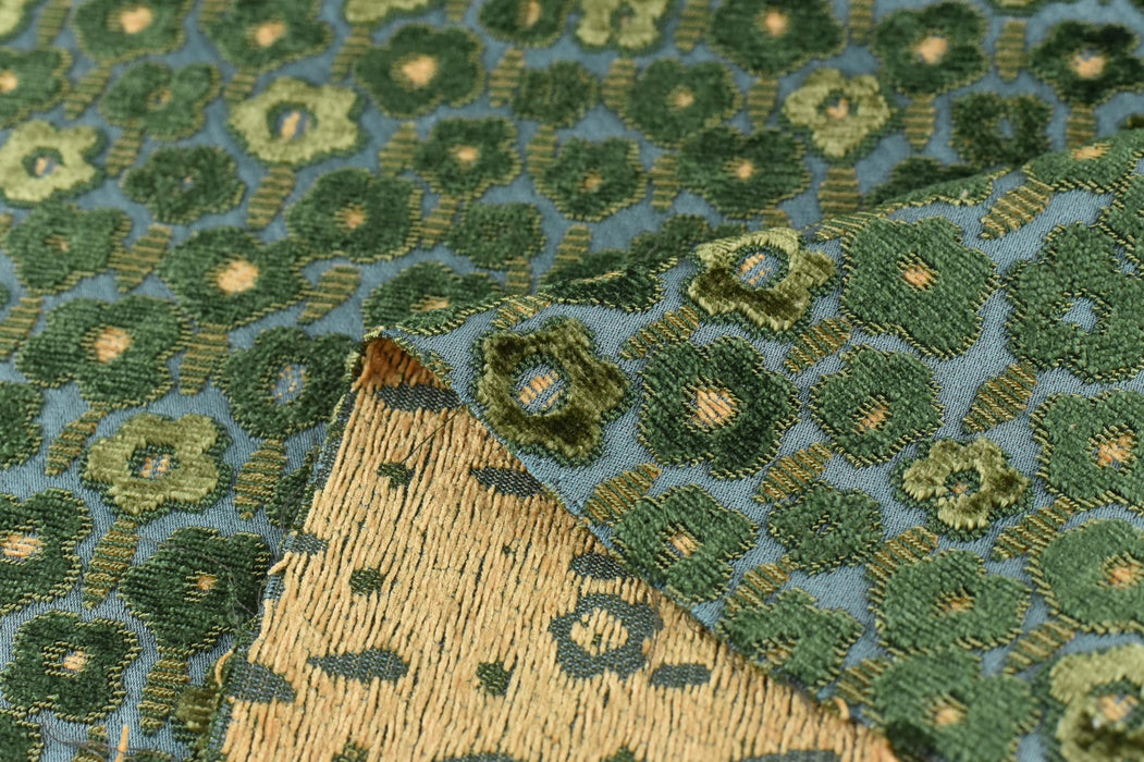 Designer Heavy Weight Blue and Green Raised Floral Cut Velvet Upholstery Fabric|Luxury Green Chartruse Furniture Fabric For Chair Couch