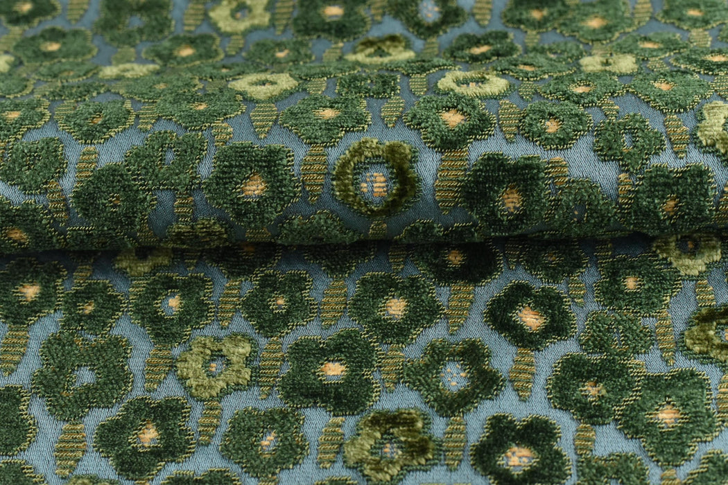 Designer Heavy Weight Blue and Green Raised Floral Cut Velvet Upholstery Fabric|Luxury Green Chartruse Furniture Fabric For Chair Couch