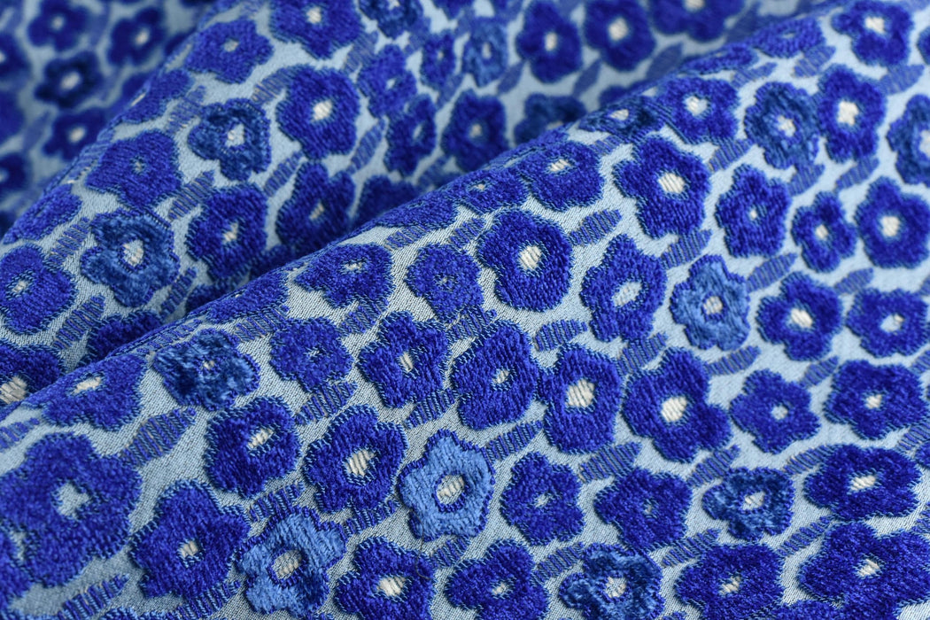 Designer Heavy Weight Rayal Blue Floral Cut Velvet Upholstery Fabric|Vintage Floral Furniture Fabric for Chair & Couch|Luxury Durable Fabric
