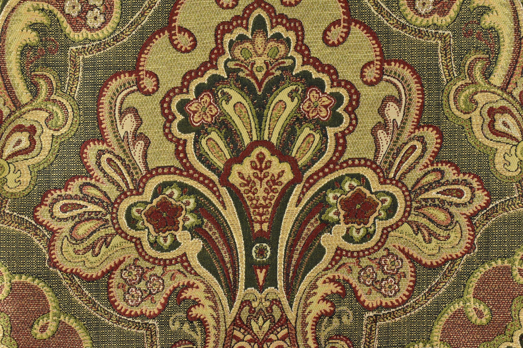Heavy Weight French Country Upholstery Fabric|Red Gold Green Vintage Damask Floral Jacquard|Farmhouse Large Floral Fabric for Chair & Decor