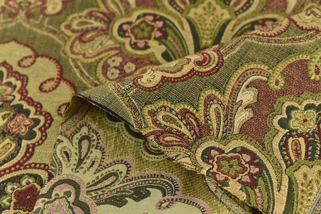 Heavy Weight French Country Upholstery Fabric|Red Gold Green Vintage Damask Floral Jacquard|Farmhouse Large Floral Fabric for Chair & Decor