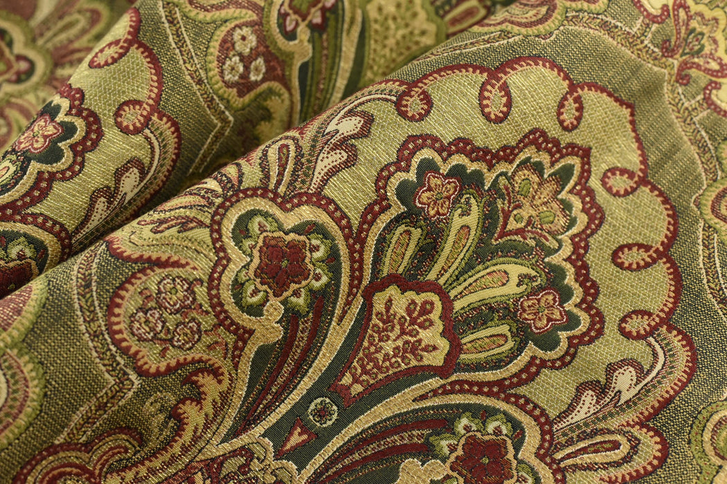 Heavy Weight French Country Upholstery Fabric|Red Gold Green Vintage Damask Floral Jacquard|Farmhouse Large Floral Fabric for Chair & Decor