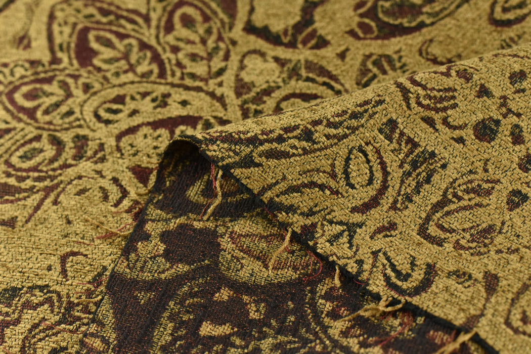 Heavy Weight Floral Jacquard Chenille Upholstery Fabric|Gold Brown Dark Red Vintage Large Pattern|Rustic Furniture Fabric for Chair Couch