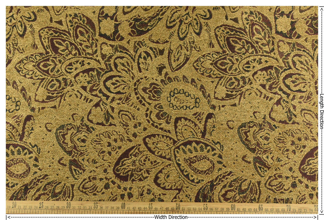 Heavy Weight Floral Jacquard Chenille Upholstery Fabric|Gold Brown Dark Red Vintage Large Pattern|Rustic Furniture Fabric for Chair Couch