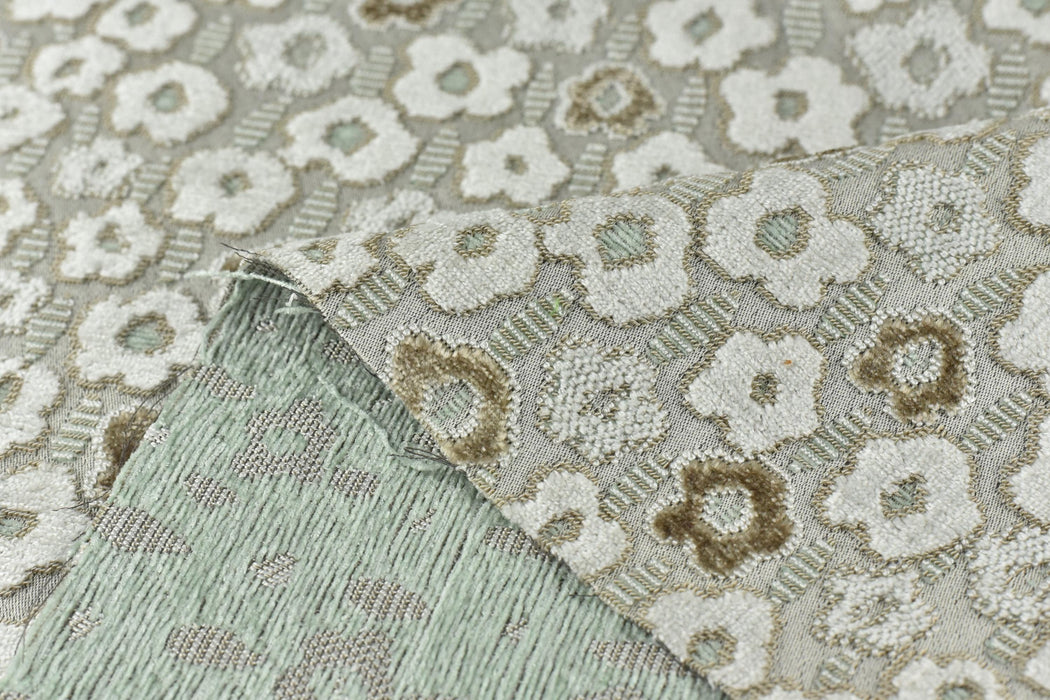 Heavy Weight Cream Tan Green Floral Cut Velvet Upholstery Fabric|Soft Hand Durable Luxury Fabric|Vintage Floral Furniture Fabric for Chair