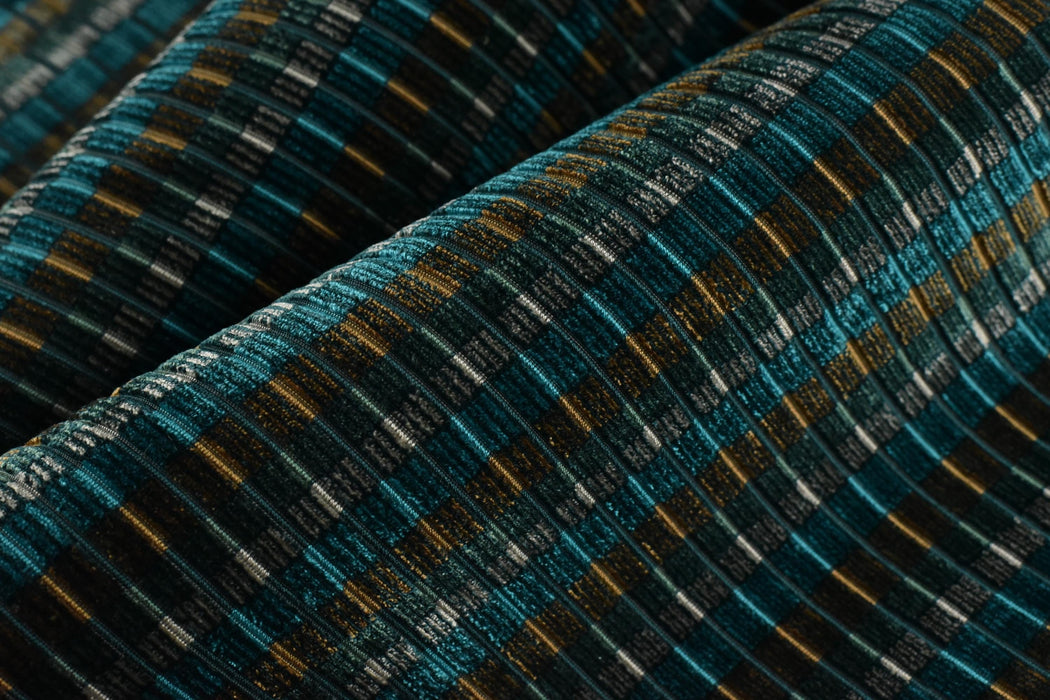 Designer Heavyweight Blue Green Gold Raised Striped Upholstery Fabric|Colorful Cut Velvet Fabric For Chair|Luxury Drapery Curtain Fabric