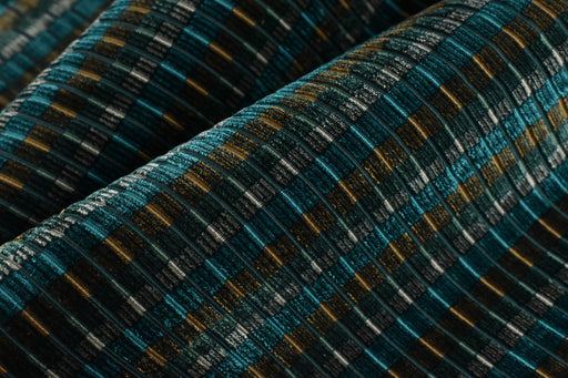 Designer Heavyweight Blue Green Gold Raised Striped Upholstery Fabric|Colorful Cut Velvet Fabric For Chair|Luxury Drapery Curtain Fabric