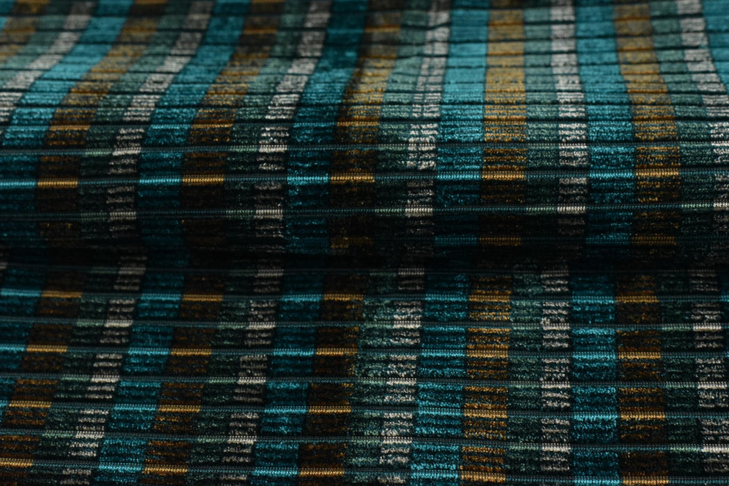 Designer Heavyweight Blue Green Gold Raised Striped Upholstery Fabric|Colorful Cut Velvet Fabric For Chair|Luxury Drapery Curtain Fabric
