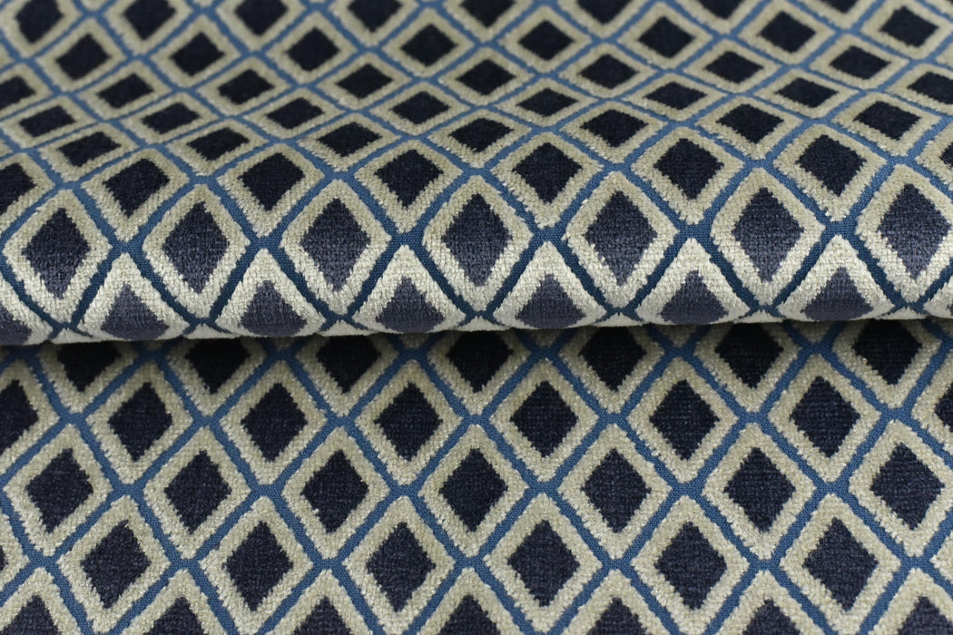 Heavy Weight Blue Raised Diamond Pattern Cut Velvet Upholsetry Fabric For Chair Couch|Luxury Geometric Jacquard Velvet Fabric For Ottoman