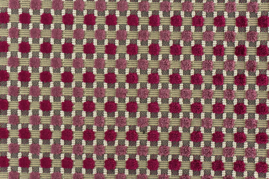 Heavy Weight Raised Square Dot Geometric Cut Velvet Upholstery Fabric For Chair|Multi-Colored Pink Checkered Velvet Fabric For Couch