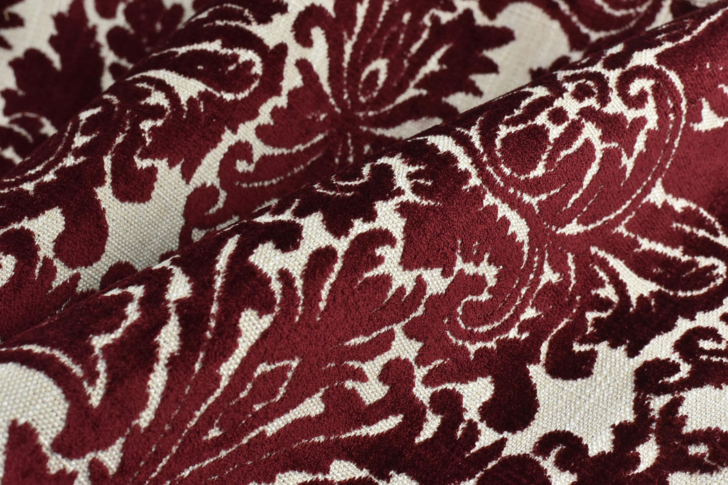 Heavy Weight Mid-Century Modern Red Damask Floral Cut Velvet Upholsetry Fabric For Chair|Vintage Floral Jacquard Fabric For Sofa Ottoman