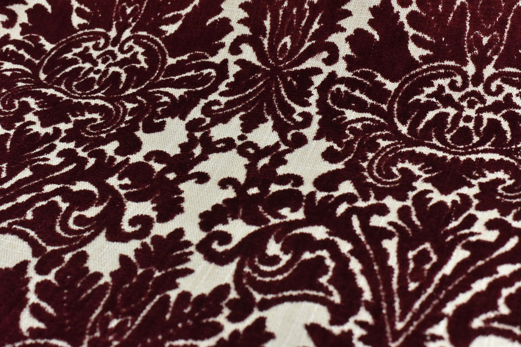 Heavy Weight Mid-Century Modern Red Damask Floral Cut Velvet Upholsetry Fabric For Chair|Vintage Floral Jacquard Fabric For Sofa Ottoman