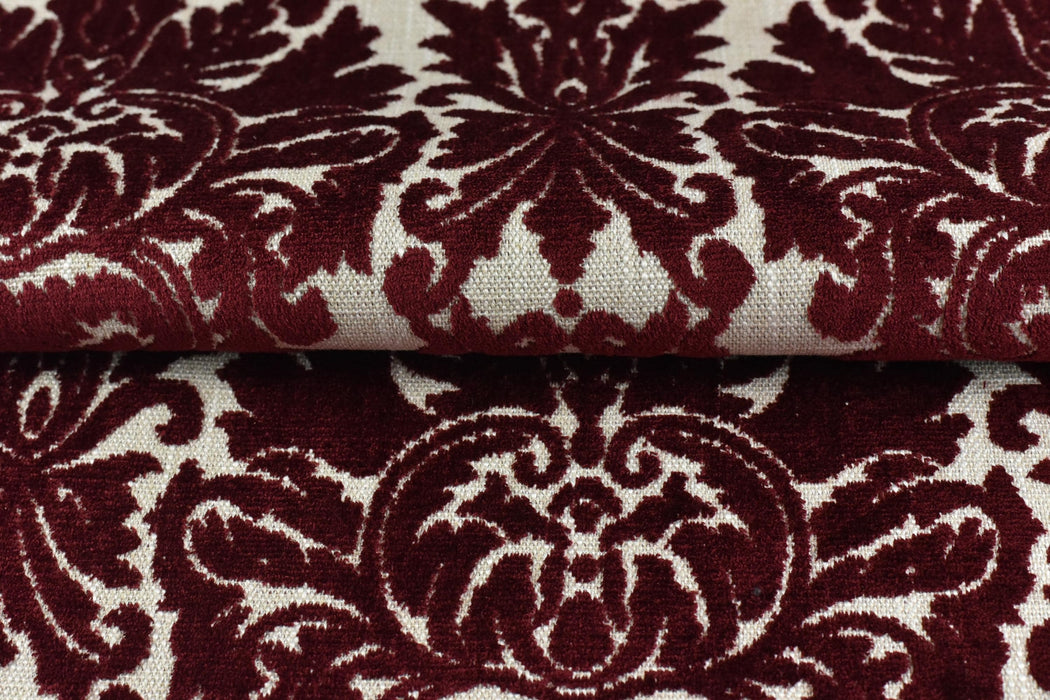 Heavy Weight Mid-Century Modern Red Damask Floral Cut Velvet Upholsetry Fabric For Chair|Vintage Floral Jacquard Fabric For Sofa Ottoman