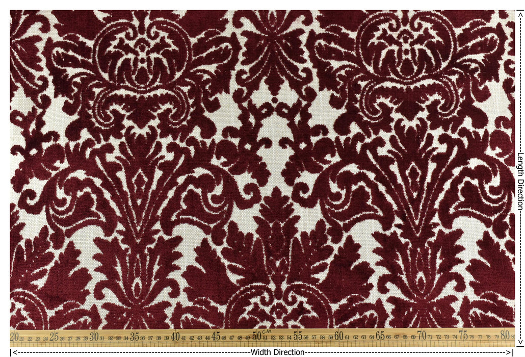 Heavy Weight Mid-Century Modern Red Damask Floral Cut Velvet Upholsetry Fabric For Chair|Vintage Floral Jacquard Fabric For Sofa Ottoman