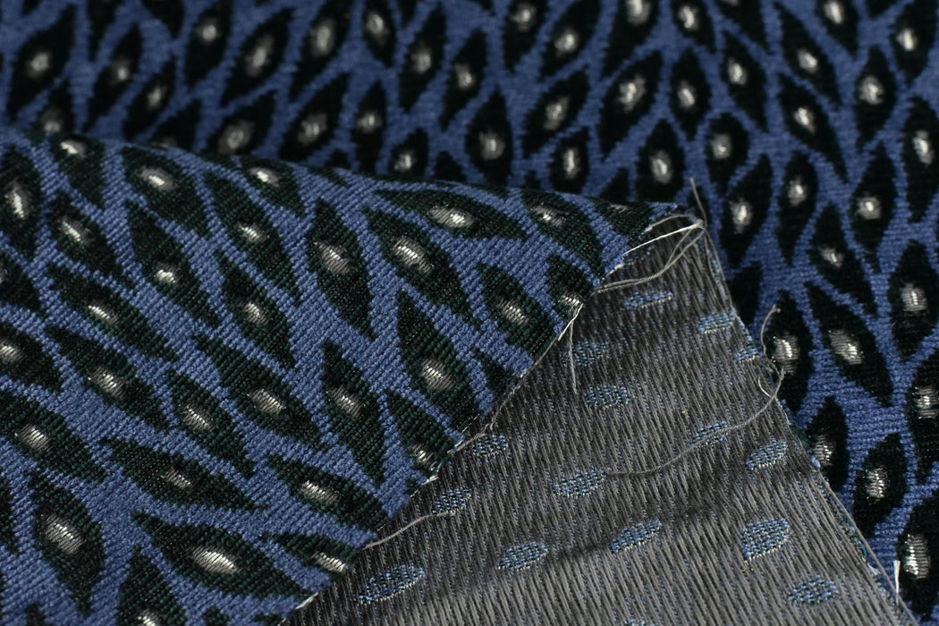 Designer Heavy Weight Blue and Green Peacock Feather Pattern Cut Velvet Upholstery Fabric For Chair|Geometric Animal Skin Fabric