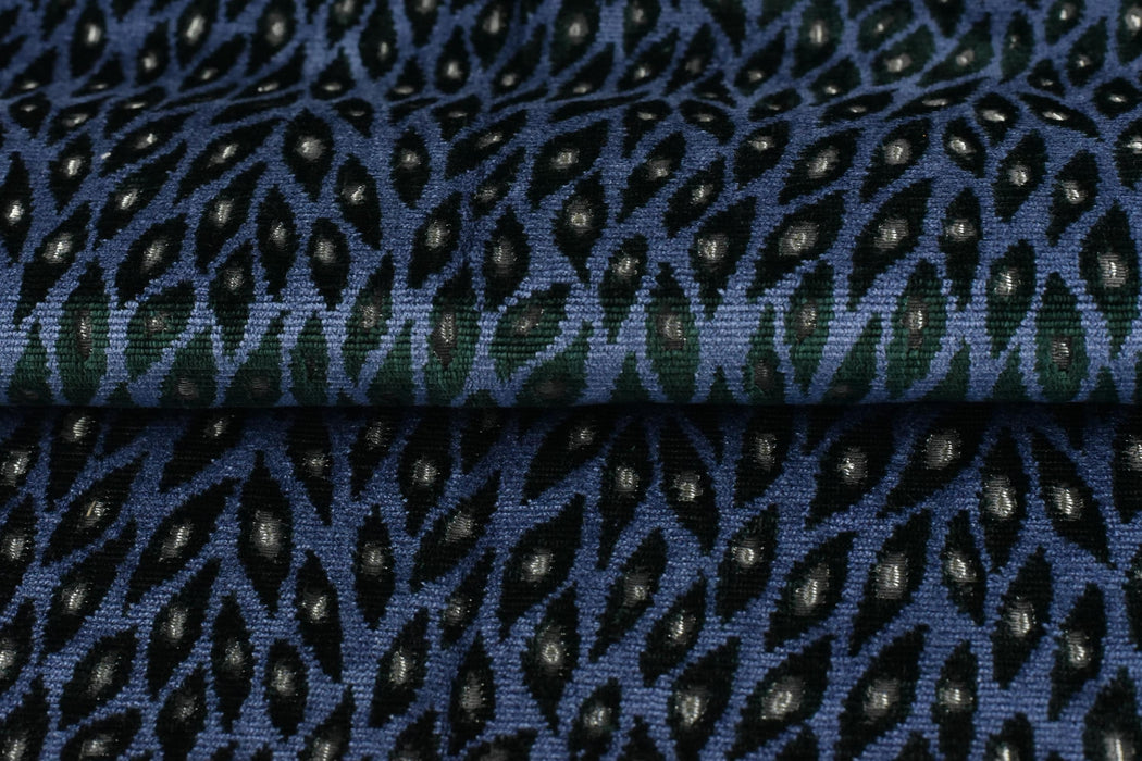 Designer Heavy Weight Blue and Green Peacock Feather Pattern Cut Velvet Upholstery Fabric For Chair|Geometric Animal Skin Fabric