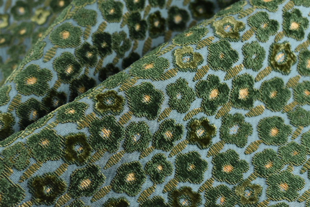 Designer Heavy Weight Blue and Green Raised Floral Cut Velvet Upholstery Fabric|Luxury Green Chartruse Furniture Fabric For Chair Couch