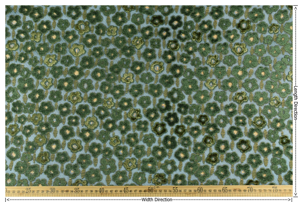 Designer Heavy Weight Blue and Green Raised Floral Cut Velvet Upholstery Fabric|Luxury Green Chartruse Furniture Fabric For Chair Couch