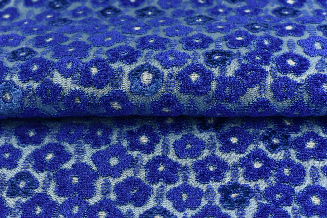 Designer Heavy Weight Rayal Blue Floral Cut Velvet Upholstery Fabric|Vintage Floral Furniture Fabric for Chair & Couch|Luxury Durable Fabric