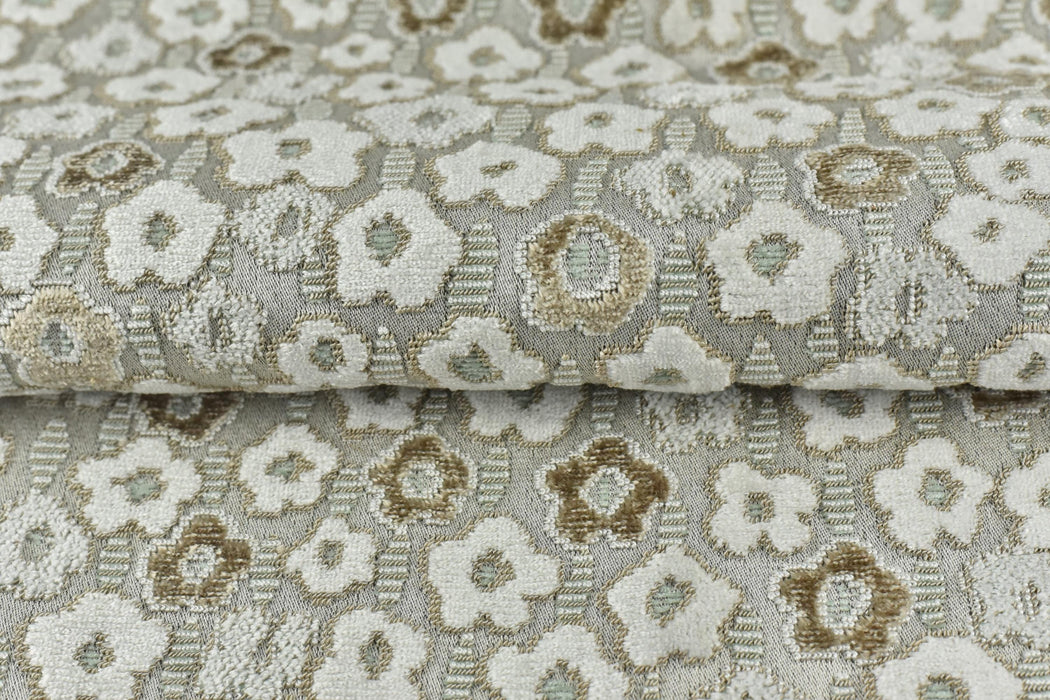 Heavy Weight Cream Tan Green Floral Cut Velvet Upholstery Fabric|Soft Hand Durable Luxury Fabric|Vintage Floral Furniture Fabric for Chair