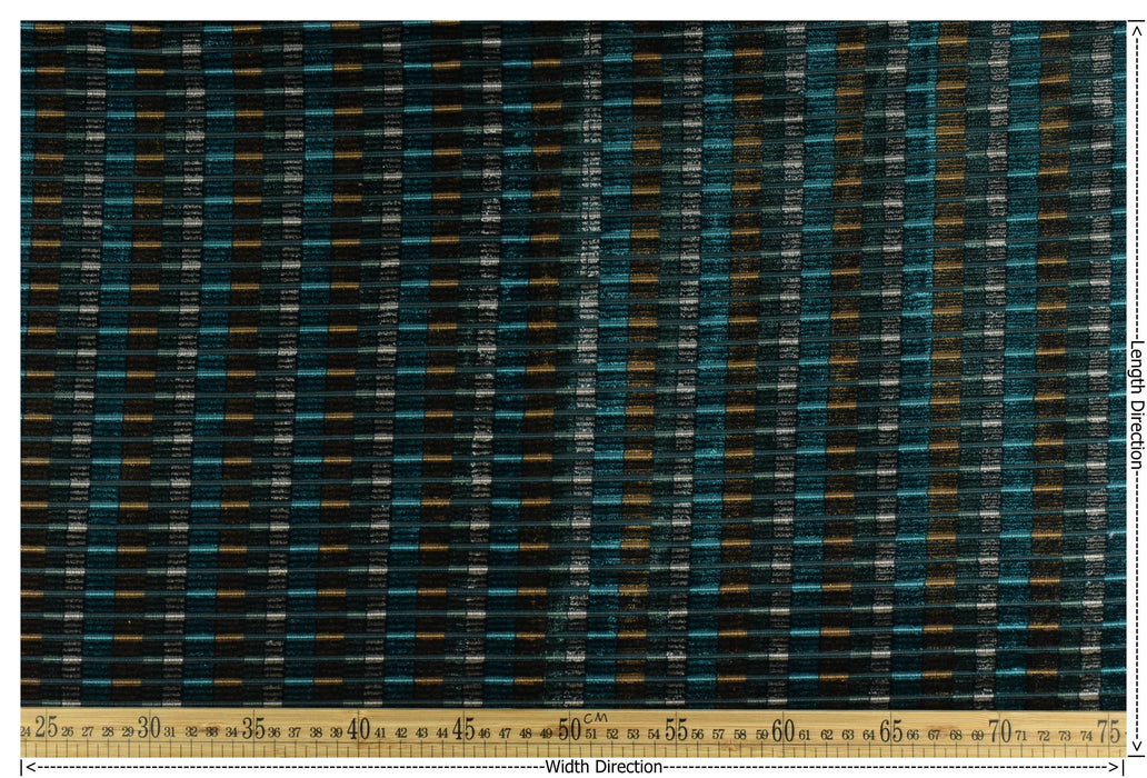 Designer Heavyweight Blue Green Gold Raised Striped Upholstery Fabric|Colorful Cut Velvet Fabric For Chair|Luxury Drapery Curtain Fabric