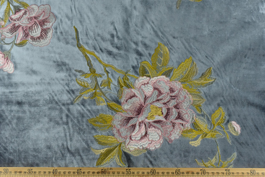 Clearance Sale!Luxury Green Purple Pink Embroidered Floral on Smoke Blue Cut Velvet Fabric|Heavyweight Elegant Fabric For Chair Curtains