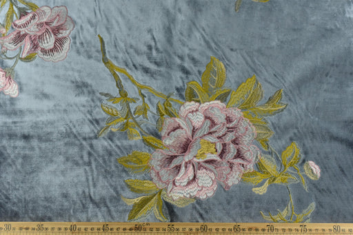 Clearance Sale!Luxury Green Purple Pink Embroidered Floral on Smoke Blue Cut Velvet Fabric|Heavyweight Elegant Fabric For Chair Curtains