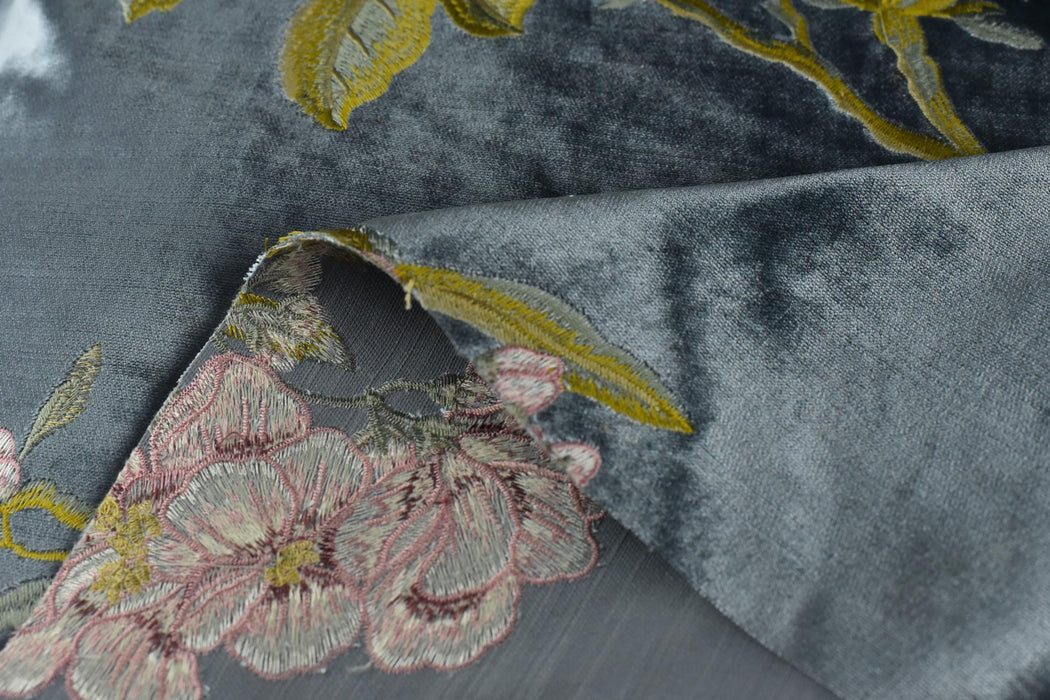 Clearance Sale!Luxury Green Purple Pink Embroidered Floral on Smoke Blue Cut Velvet Fabric|Heavyweight Elegant Fabric For Chair Curtains