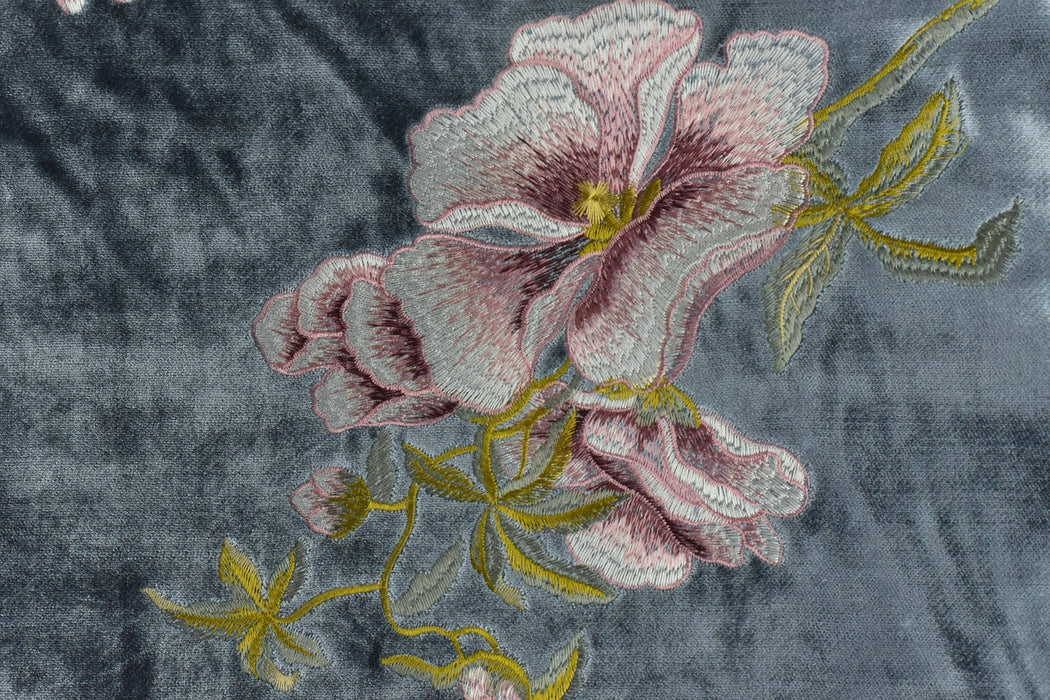 Clearance Sale!Luxury Green Purple Pink Embroidered Floral on Smoke Blue Cut Velvet Fabric|Heavyweight Elegant Fabric For Chair Curtains