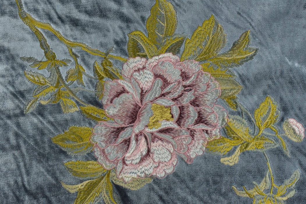 Clearance Sale!Luxury Green Purple Pink Embroidered Floral on Smoke Blue Cut Velvet Fabric|Heavyweight Elegant Fabric For Chair Curtains