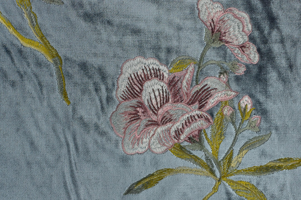 Clearance Sale!Luxury Green Purple Pink Embroidered Floral on Smoke Blue Cut Velvet Fabric|Heavyweight Elegant Fabric For Chair Curtains
