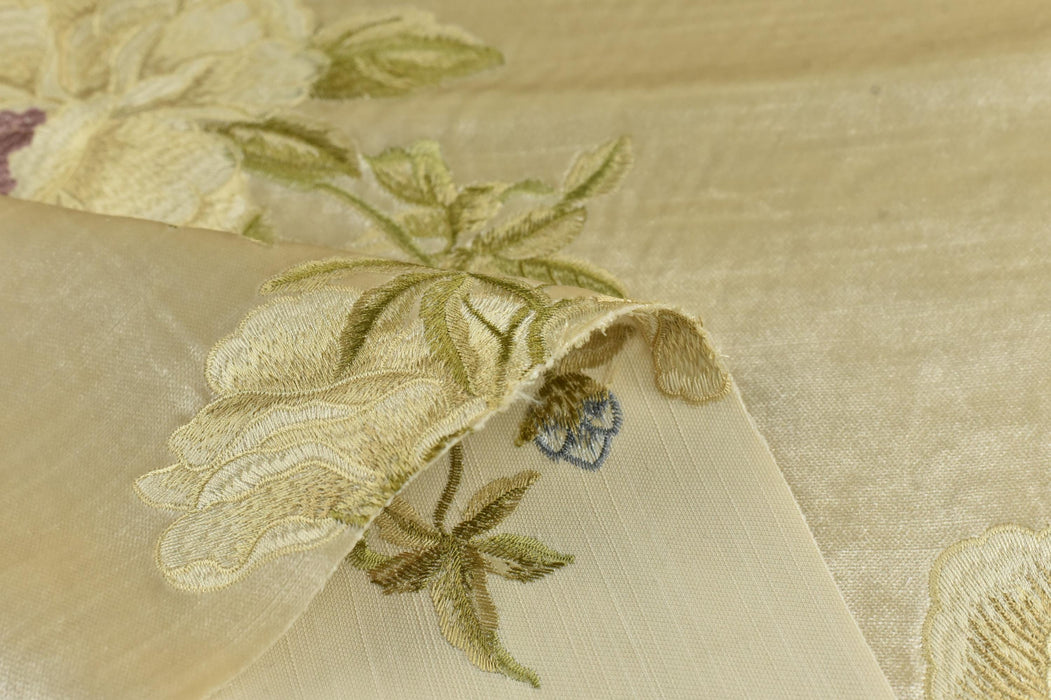 Clearance Sale!Luxury Green Blue Purple Embroidered Floral on Ivory Cut Velvet Fabric|Heavyweight Colorful Elegant Fabric For Chair Curtains